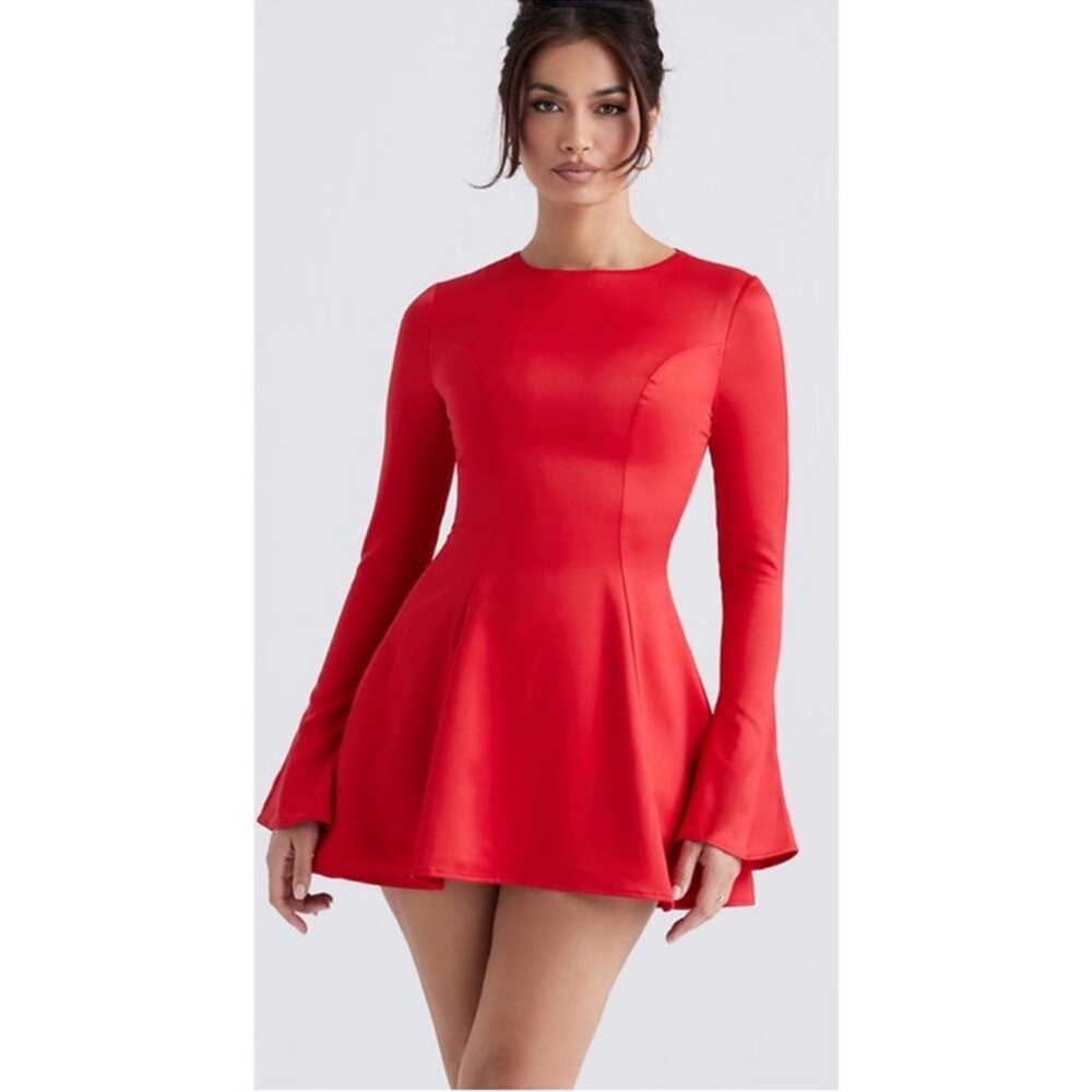 HOUSE OF CB Sacha Bell Sleeve Satin Skater Dress Red BRAND NEW